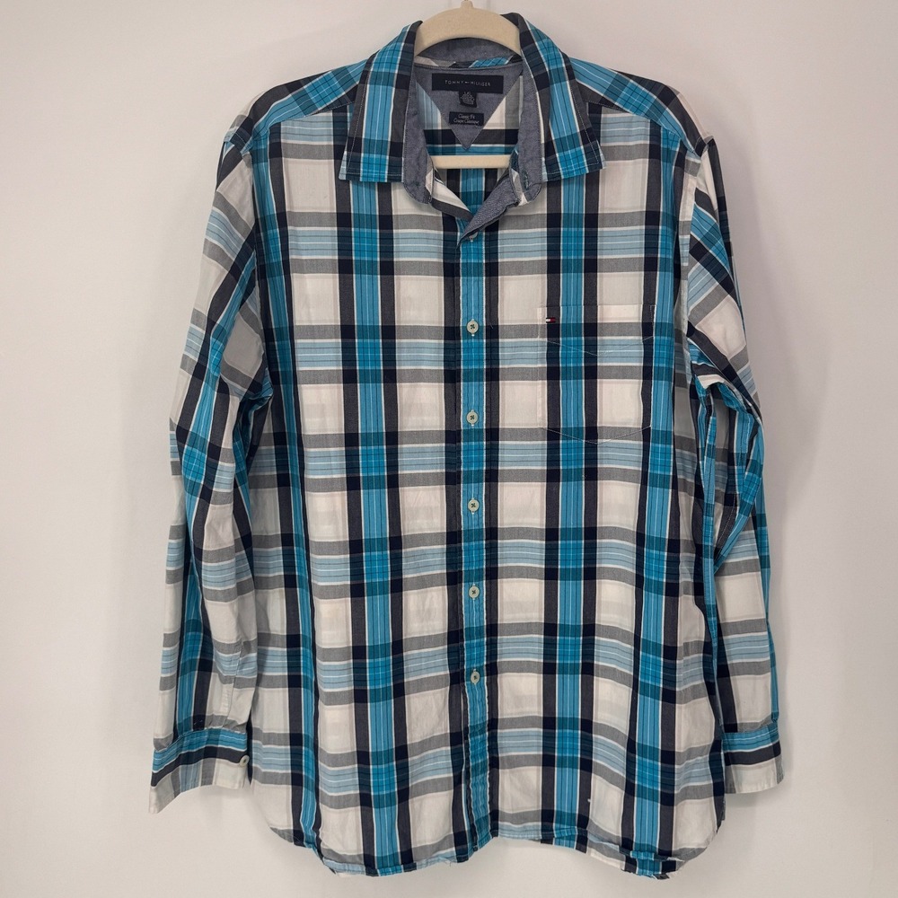 Tommy Hilfiger Button Down Mens Large Blue Plaid Good Classic Fit Cotton Shirt